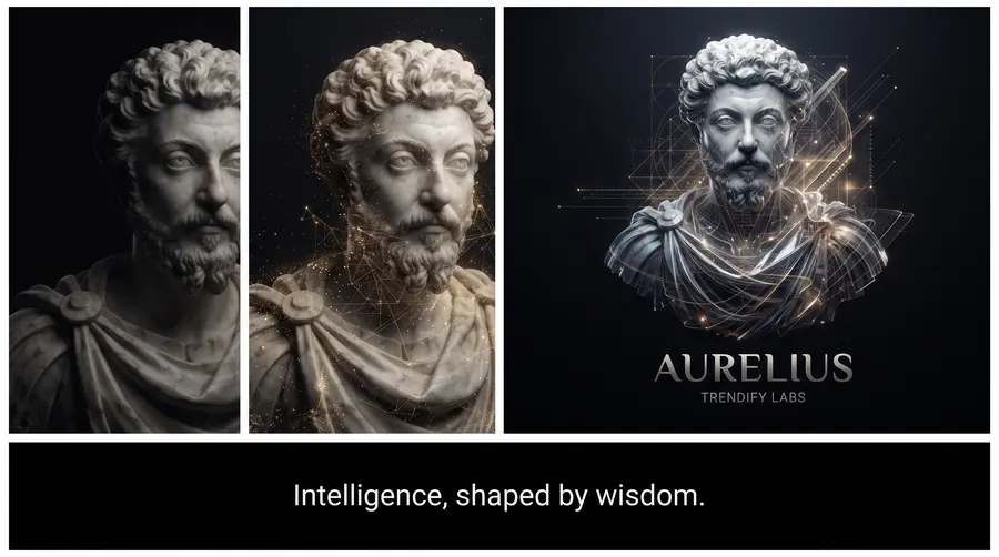 A triptych showing a marble bust transitioning into a luminous AI portrait, with Aurelius and Trendify Labs branding.